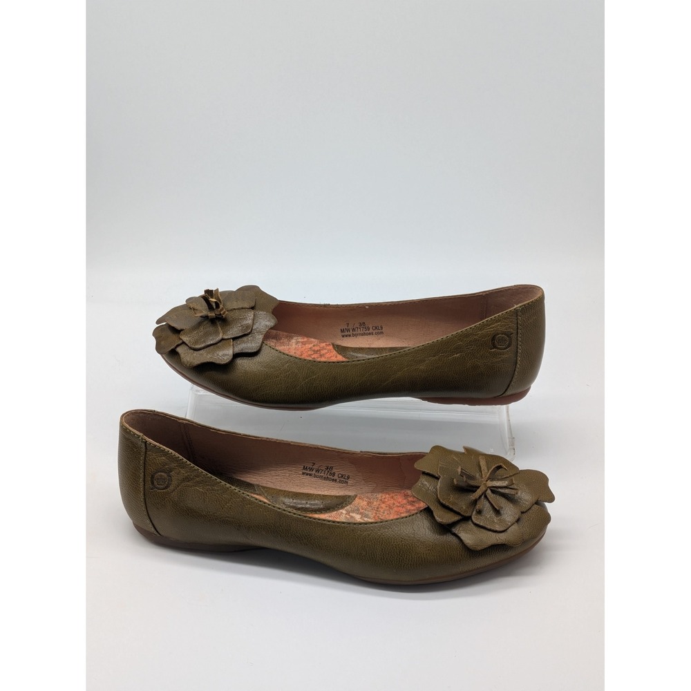 Born Women's Olive Green Leather Floral Ballet Flats Size 7 38 Comfort Shoes